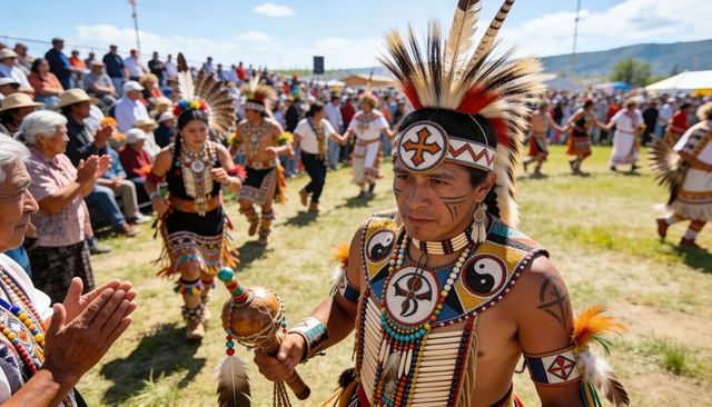 Indigenous dancer shaking rattle wearing feather headdress and beaded regalia at powwow