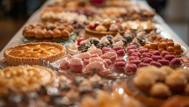 Banquet dessert buffet featuring fruit tart, petit fours, meringues and assorted pastries on stands
