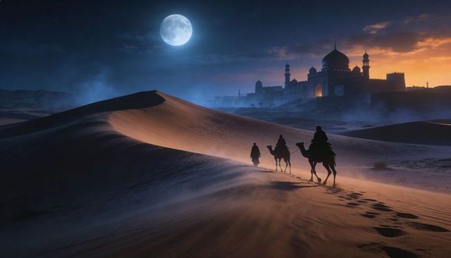 Moonlit desert caravan crossing dunes at dusk with silhouetted camels and distant palace