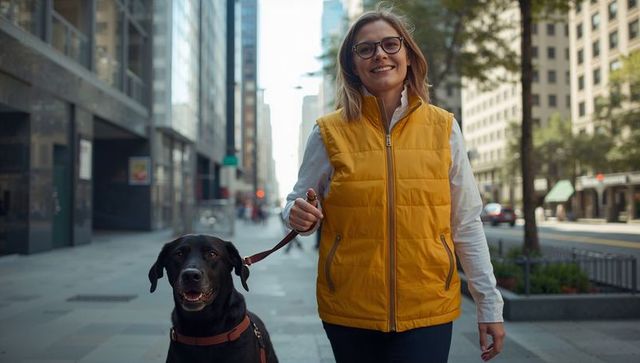 Woman walking black dog along urban sidewalk in yellow vest