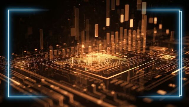 Glowing Microchip Sending Golden Data Streams Across Circuit Board with Neon Cyan Frame