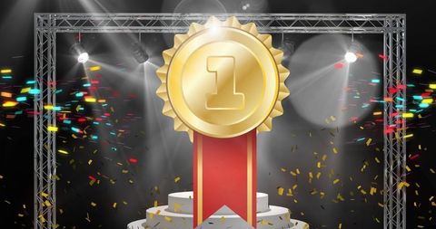 Golden first place medal with confetti celebrating victory