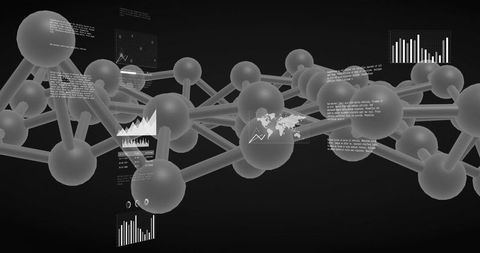 Monochrome Molecular Network with Glossy Spheres and HUD Overlays for 3D Tech