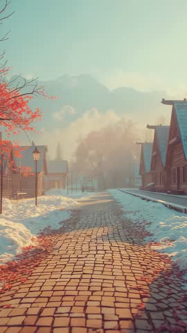 Dawn light revealing cobblestone path and snowy alpine cabins in vertical cinematic video