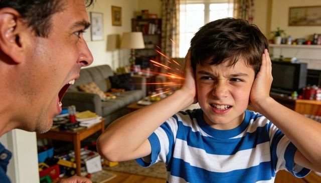 Father yelling while young son covering ears during tense home confrontation