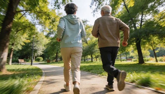 Active seniors jogging together along sunlit park path under leafy canopy
