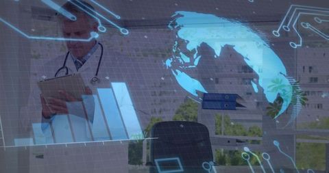 Doctor Reviewing Data with Holographic Map in Medical Office Innovation