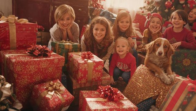 Joyful children with dog celebrating christmas morning