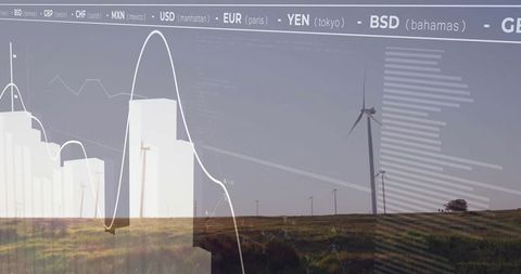 Wind Turbine Over Hills with Financial Chart Visuals