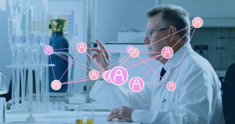 Researcher Interacting with Digital Network in Advanced Laboratory