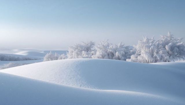 Winter snowdrift curving over frosted field with hoarfrost trees and soft blue morning sky