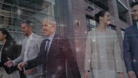 Diverse Team Walking with Digital Connection Overlay