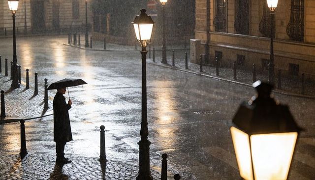 Solitary figure standing under umbrella on rain-soaked cobblestone street with lamp reflections