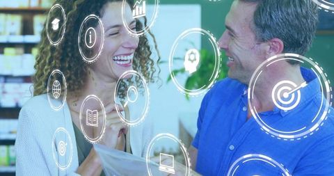 Smiling couple exploring pharmacy shelves with augmented reality icons and joyful interaction