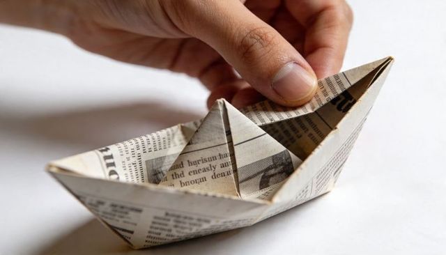 Hand adjusting newspaper origami boat on white tabletop, closeup of paper folding craft