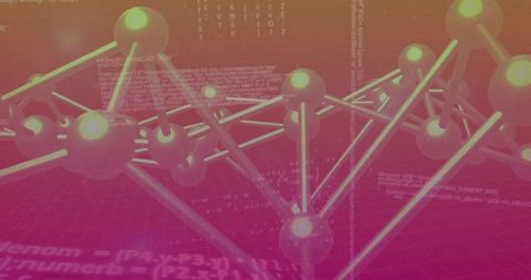 Pulsing Neon Node Network Reacting to Data Stream on Magenta Grid with Glossy Spheres and Lattice