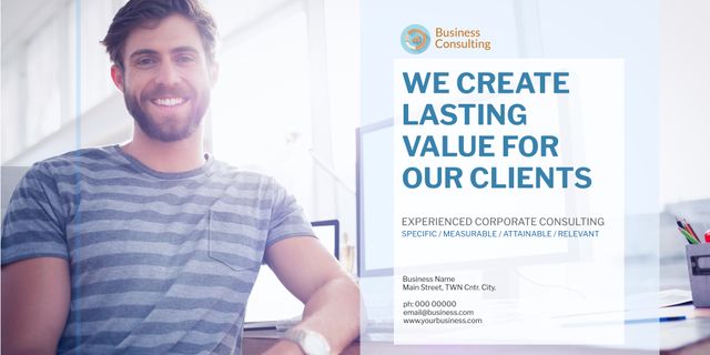 Confident businessman in modern office promoting expertise and professional corporate consulting services. Ideal for marketing materials, advertisements, promotions, and brochures highlighting business consulting services, client relationships, and creating lasting value for customers.