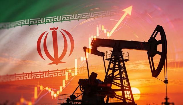 Rising iran oil market concept with pumpjack silhouette, bullish candlestick chart, flag