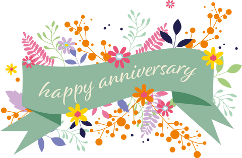 Happy Anniversary Banner with Colorful Floral Design on Transparent Background