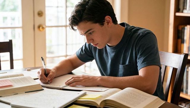 Teen male studying at home desk focusing on homework with open books and notebook