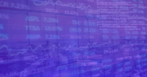 Digital Financial Data Overlay on Purple Urban Skyline