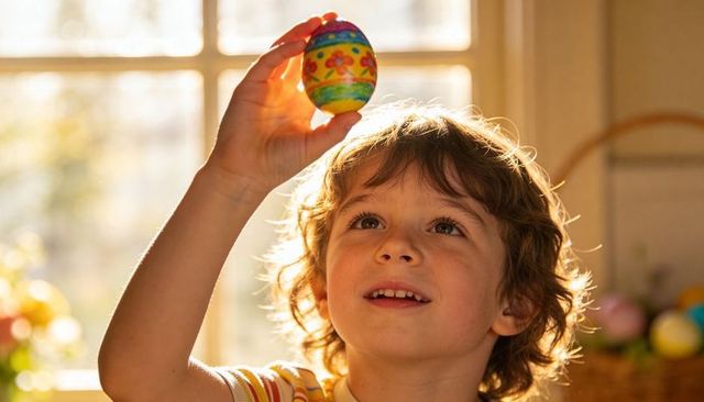 Curly-haired boy holding painted easter egg in sunlit window celebrating spring