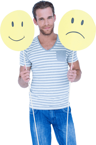 man diagnosing emotions with happy and sad face signs transparent background - Download Free Stock Videos Pikwizard.com
