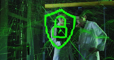 Cybersecurity Shield Overlaying Scientists in Laboratory