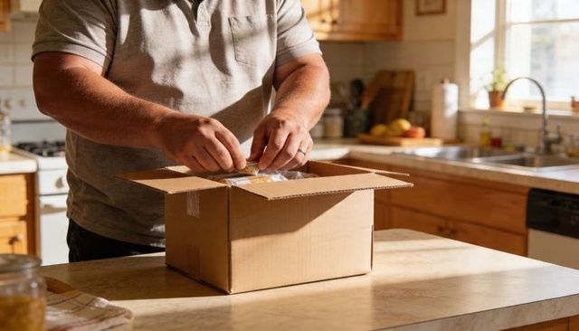 Man Packing Cardboard Box with Bubble Wrap on Sunlit Kitchen Counter