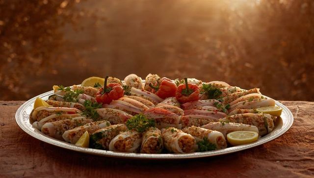 Stuffed squid platter with rice, roasted peppers and lemon at golden hour
