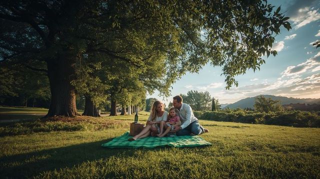 Sunlit family picnic on green checked blanket under large tree, parents with daughter