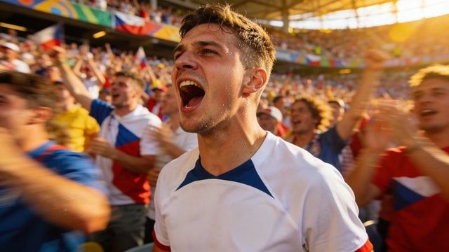 Passionate fan shouting in sunlit stadium close-up cheering supporter waving flags