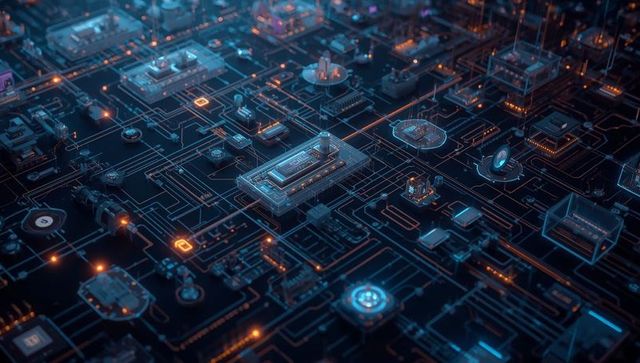 Microchip Circuit Grid with Glowing Nodes Representing Connectivity and Innovation
