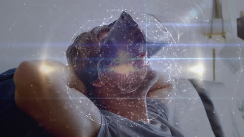 Man Immersed in Virtual Reality Experience with Digital Network Overlay