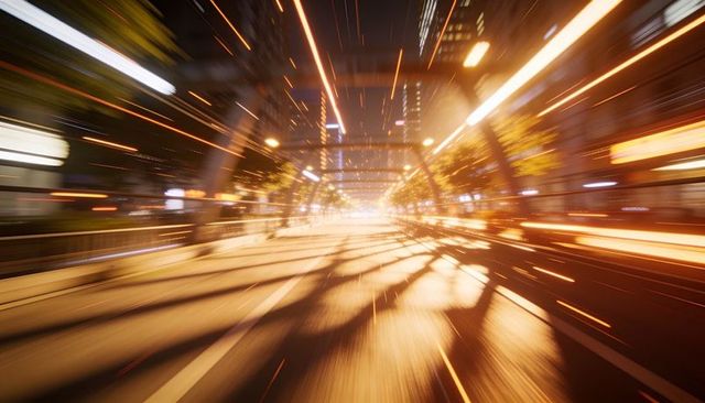 Bridge rushing toward glowing city lights with streaking light trails and wet road at night