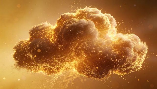 Luminous golden cloud emitting sparkling particles and glowing under warm backlight