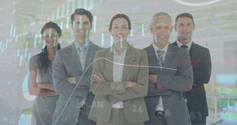 Confident Businesspeople with Data Overlay in Office Setting