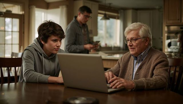 Senior teaching teen laptop skills at kitchen table, multigenerational family learning