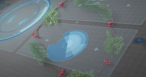 Festive Holographic Radar UI with Evergreen Wreath and Red Berries on Digital Grid