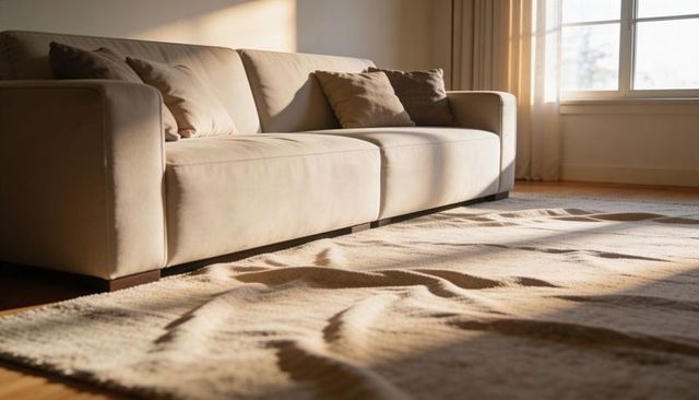 Sunlit beige sofa and rippling cream rug on hardwood floor, cozy minimalist living room