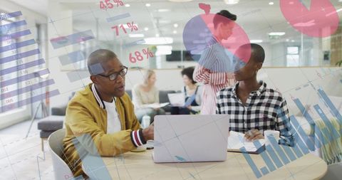 Diverse team brainstorming with data graphics overlay