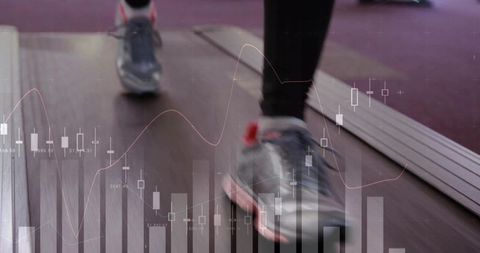 Treadmill running with fitness data overlay showing cardio motion, analytics, progress