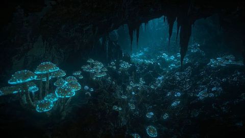 Fantasy Cavern with Glowing Bioluminescent Mushrooms