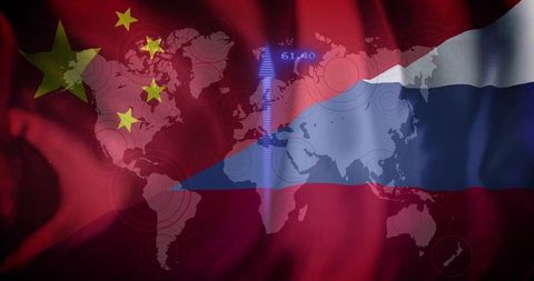 Merging Chinese Stars and Russian Tricolor over World Map with Upward Arrow 61.40
