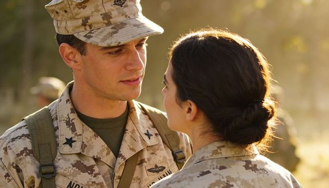 Two soldiers sharing intimate moment in desert camouflage, gazing during golden hour