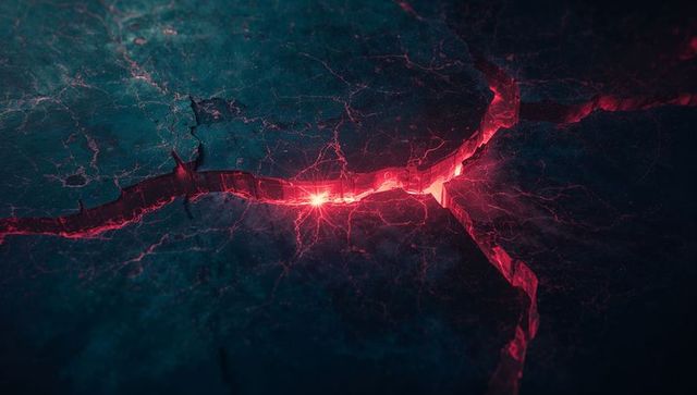 Glowing red fissure in barren rocky ground