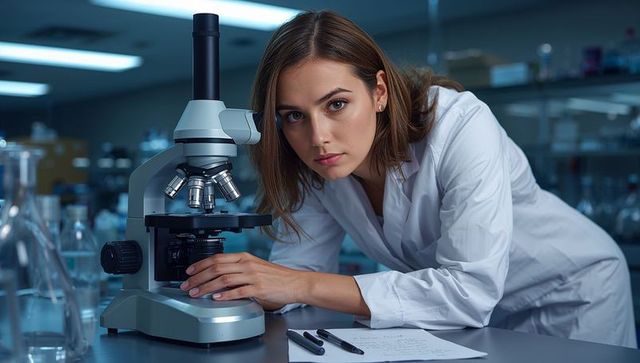 Focused Female Scientist in White Lab Coat Examining Sample Through Microscope