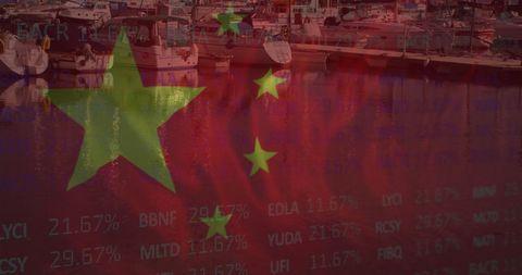 China Flag with Financial Data Overlay on Harbor Background