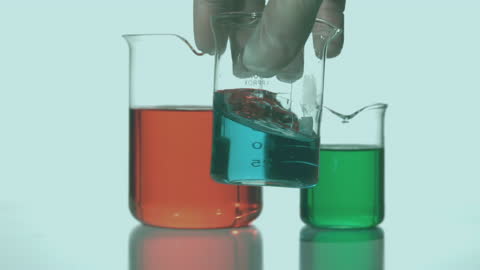 Hand Manipulating Colorful Liquid in Laboratory Beakers