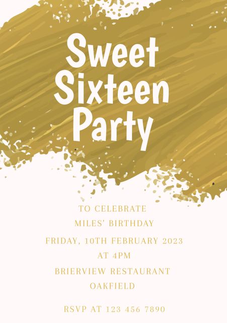 Modern 'Sweet Sixteen' birthday party invitation featuring gold brush stroke design on white background. Ideal for milestone birthday celebrations, conveying elegance and style. Perfect for event planners or families planning a sophisticated celebration. Customizable text allows for personalized details.
